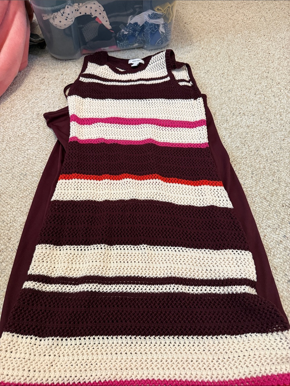 Striped Crochet Knit Dress - Burgundy, Cream & Pink